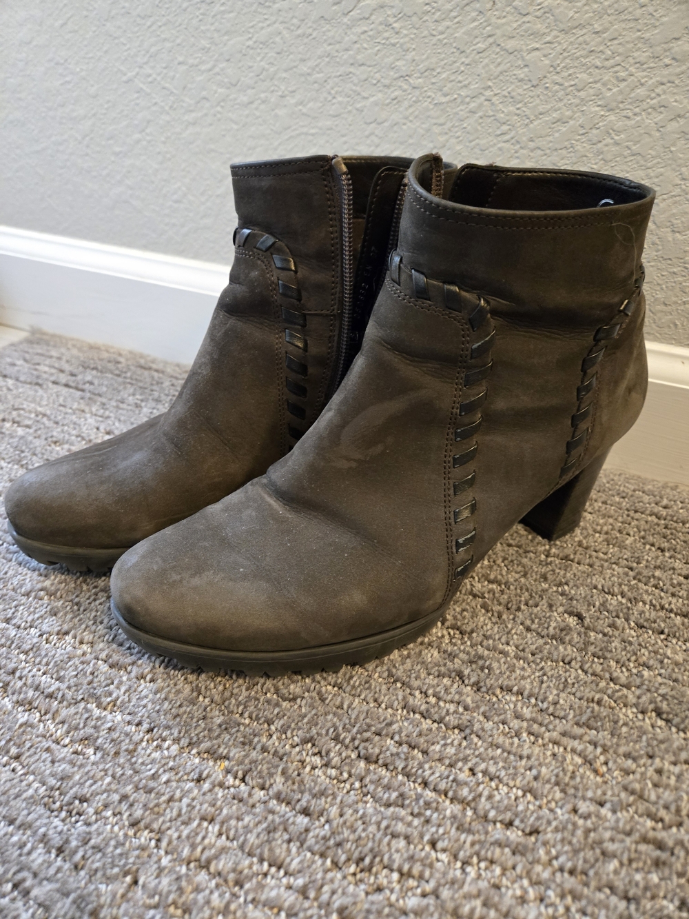Gabor Dark Taupe Suede Ankle Booties with Woven Trim